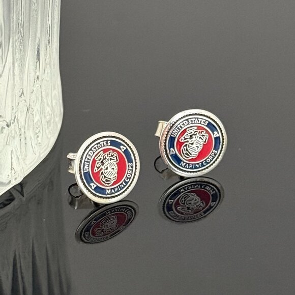 USMC Marine Corps Earrings S925 Sterling Silver Handmade Ear Stud - Picture 1 of 3